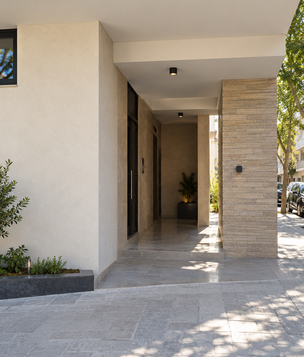 Entrance finishing. Selected documented stage from this project; the photograph does not define the full supervision and coordination scope.