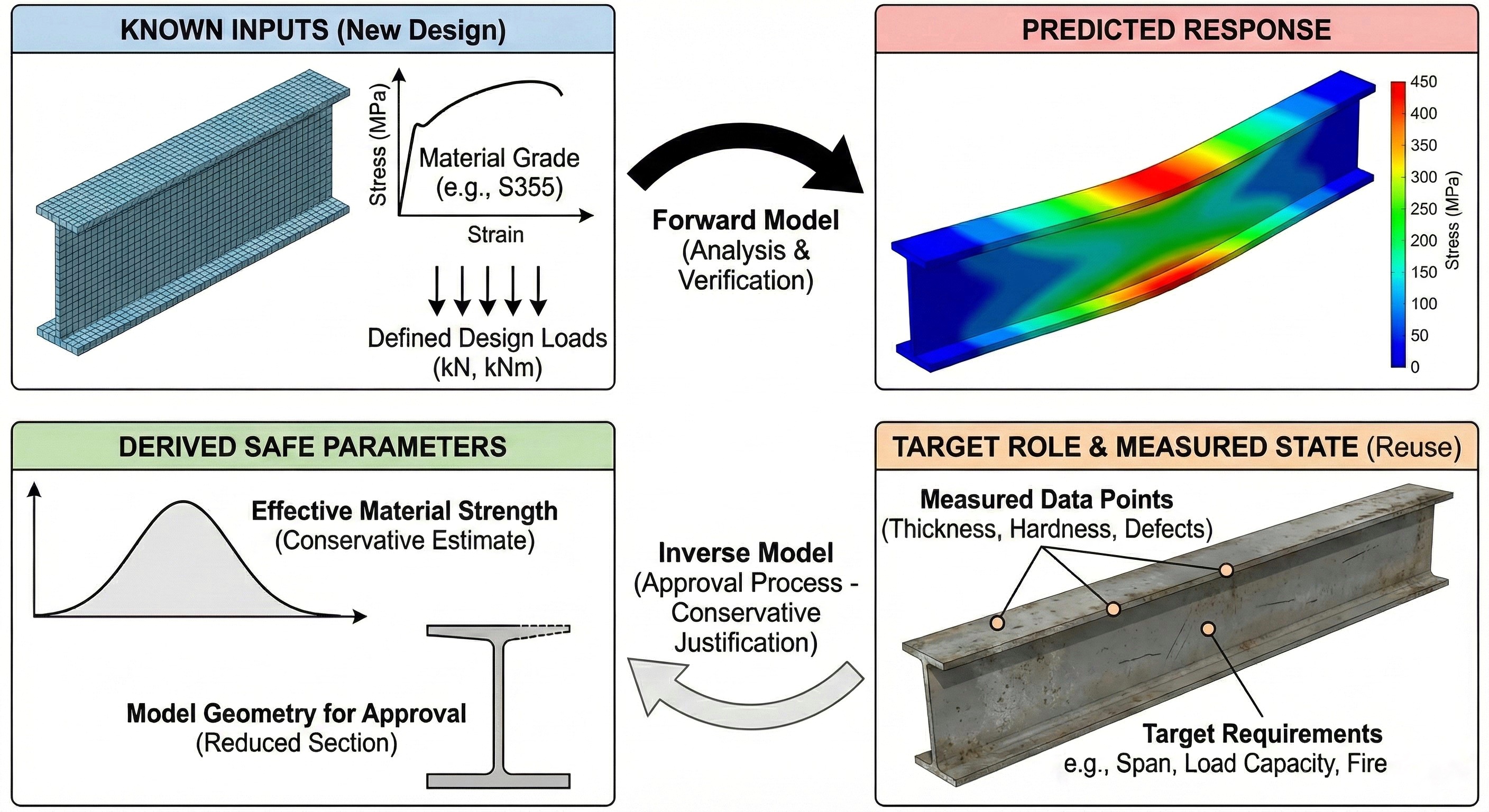 Supplied known-input/predicted-response and target-role/measured-state decision graphic. Proposed reuse workflow, not a deployed industrial system.
