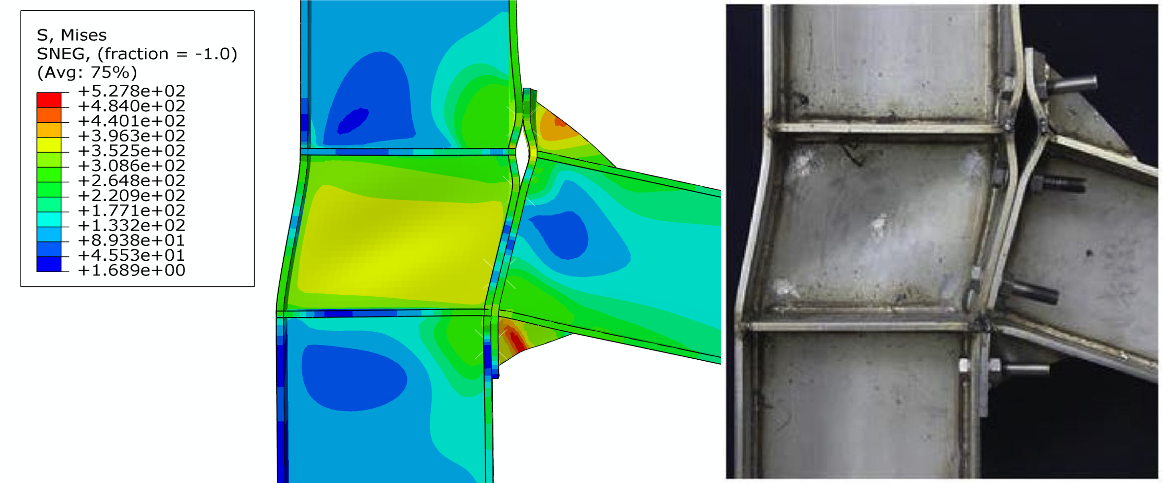 Supplied numerical and reference-test comparison for a steel connection. The reference-test photograph is not evidence of a test performed by Sina.