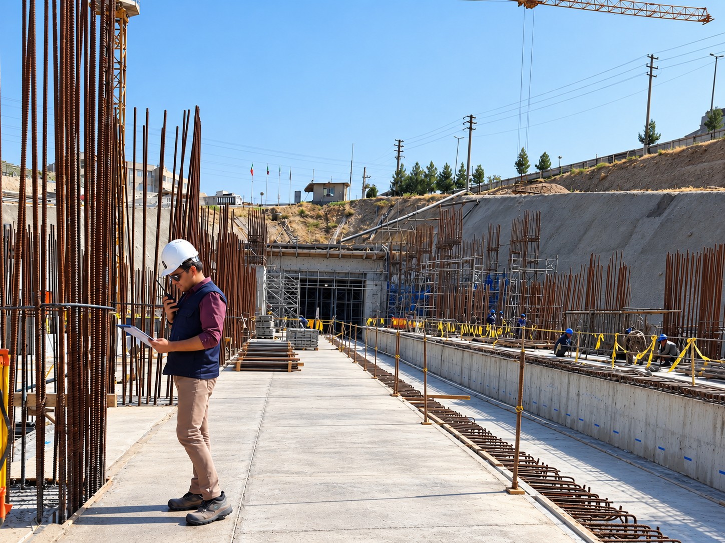Sina reviewing a site record amid reinforcement and metro-station construction.