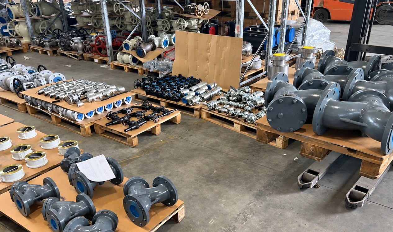 Piping components and inspection documents in a storage area.