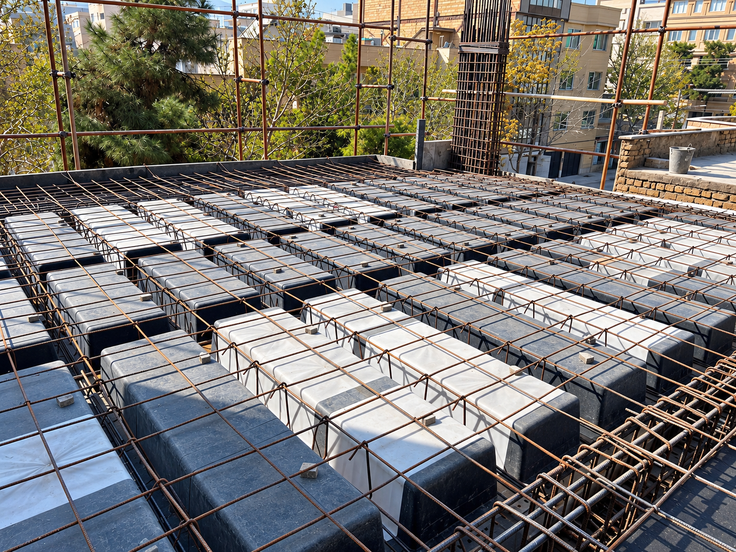 Slab reinforcement over lightweight formwork units, with column reinforcement, from Supervision Project 1.